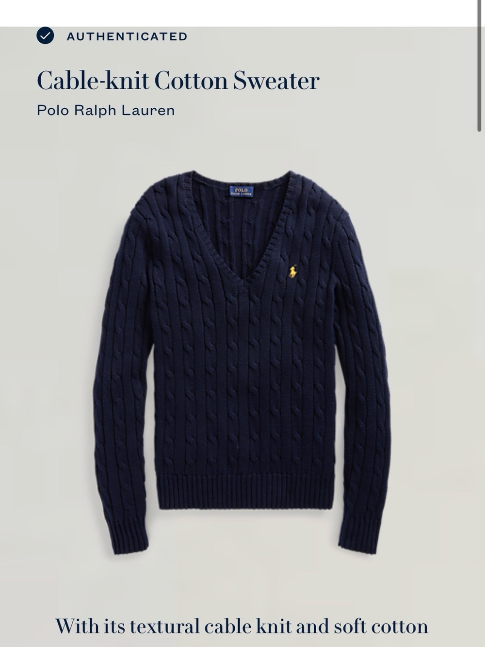 Polo by Ralph Lauren Navy Cable-Knit V-Neck Sweater 100% COTTON NAVY XS